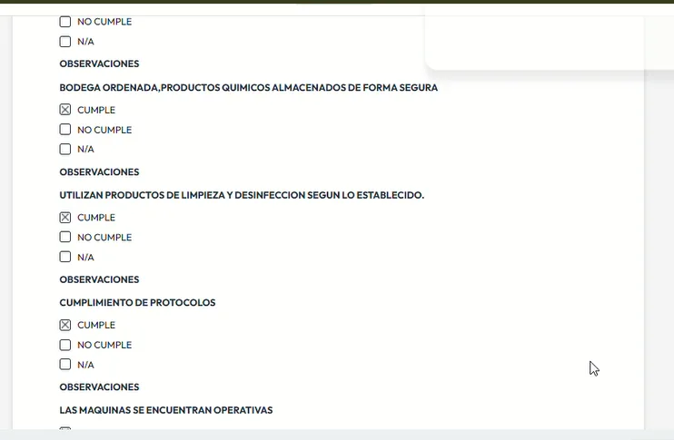 Checklist de cumplimiento con cada punto marcado como cumple, no cumple o no aplica