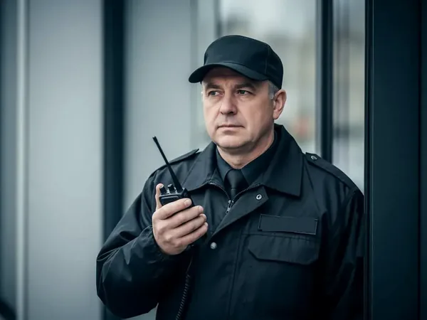 Guardia de seguridad con radio en el acceso de un edificio